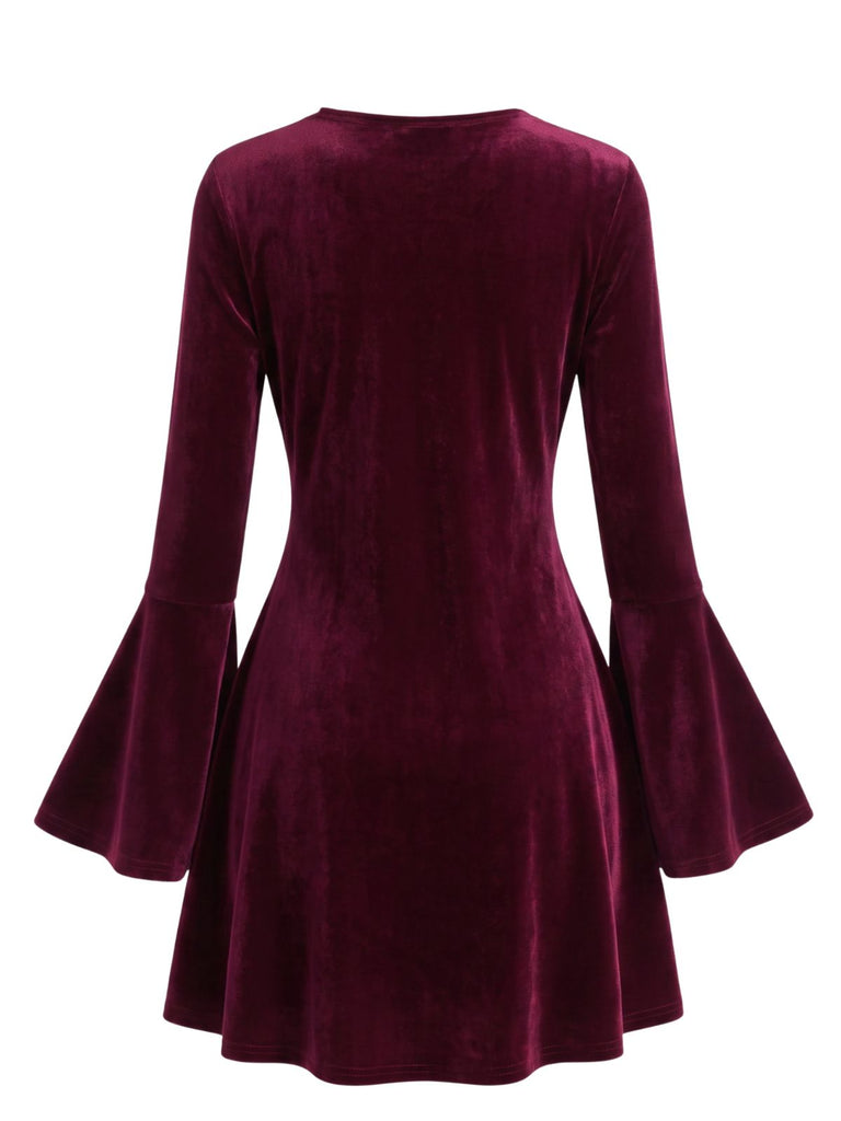 Mini Robe en Velours à Col V Perlé et Manches Évasées Années 1930 - 3