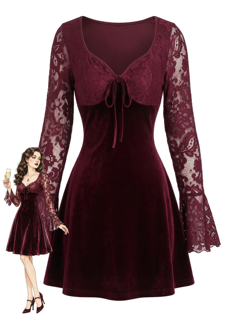 Mini-robe évasée lie-de-vin en velours et dentelle à manches évasées années 1960 - 1