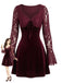 Mini-robe évasée lie-de-vin en velours et dentelle à manches évasées années 1960 - 1