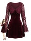 Mini-robe évasée bordeaux en velours et dentelle à manches évasées années 1960