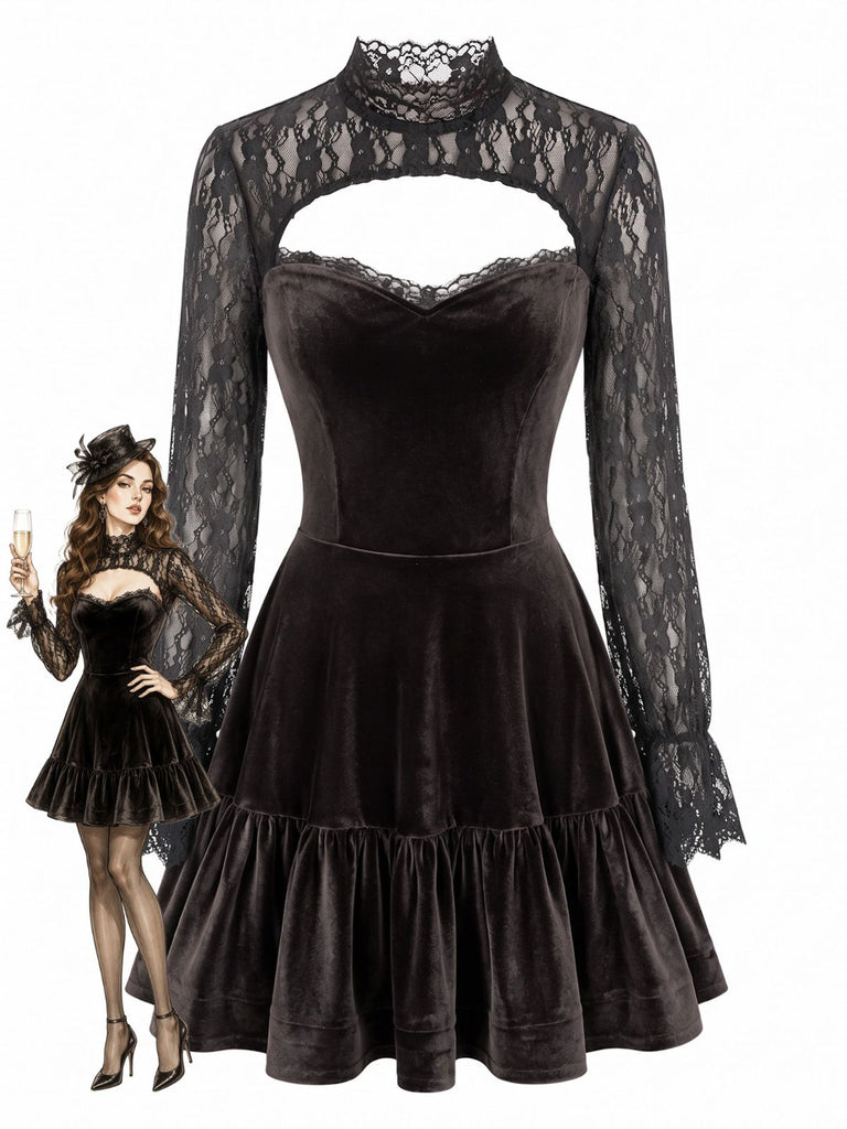 Mini-robe marron en velours et dentelle ajourée à manches longues et ourlet volanté années 1970 - 1