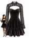 Mini-robe marron en velours et dentelle ajourée à manches longues et ourlet volanté années 1970 - 1