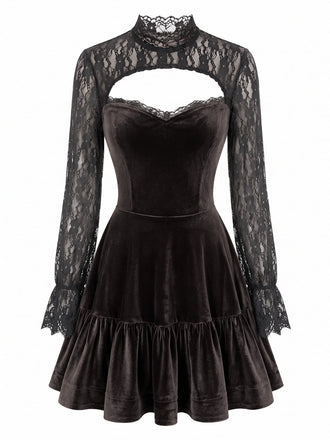 Mini-robe marron en velours et dentelle ajourée à manches longues et ourlet volanté années 1970 - 2