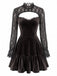 Mini-robe marron en velours et dentelle ajourée à manches longues et ourlet volanté années 1970 - 2