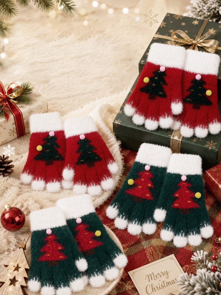 Mitaines tricotées de Noël à sapins et pompons - 1