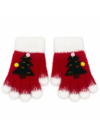 Mitaines tricotées de Noël à sapins et pompons - 2