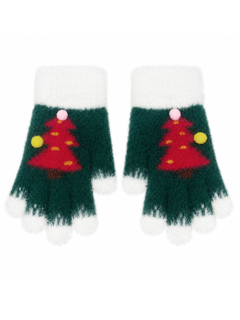 Mitaines tricotées de Noël à sapins et pompons - 3