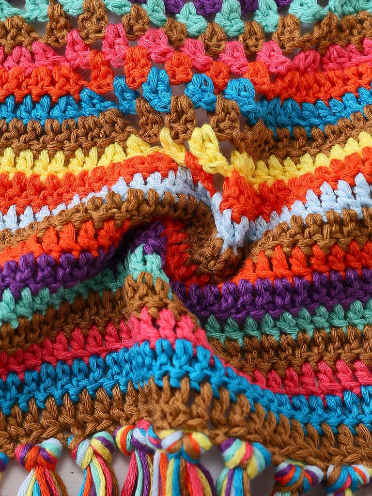 Multicolore Rayé Pompon Crochet Halter Ensemble Bikini Années 1970 7
