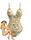 Maillot de bain une pièce fronces et col V fleuri années 1980