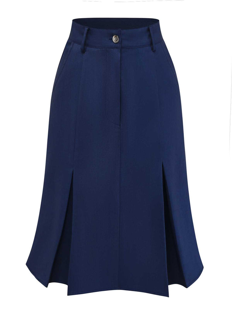 A navy blue high-waisted A-line skirt featuring deep vertical pleats at the hem for a flared silhouette.
