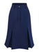 A navy blue high-waisted A-line skirt featuring deep vertical pleats at the hem for a flared silhouette.