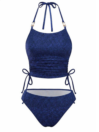 Front view of the navy blue glitter tankini set showcasing the adjustable halter straps and ruched bodice.