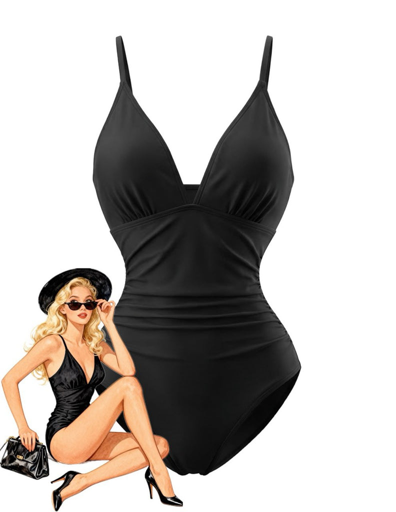 Maillot de bain une pièce fronces et col V fleuri années 1980