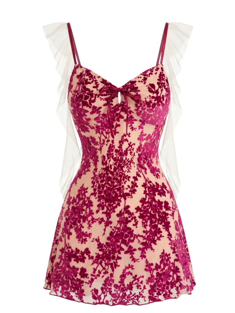 Nuisette à Bretelles en Velours Jacquard et Volants en Tulle Années 1950 - 1