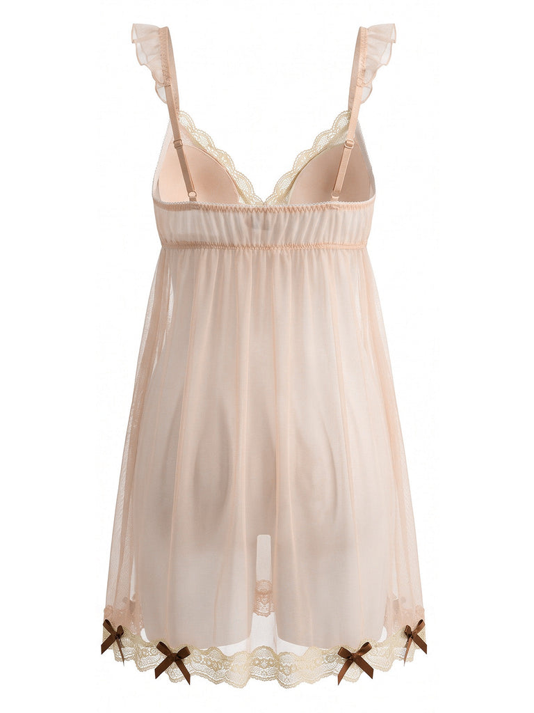 Nuisette babydoll beige transparente en tulle à nœud, col V profond, dentelle et rembourrage Années 1950 - 5