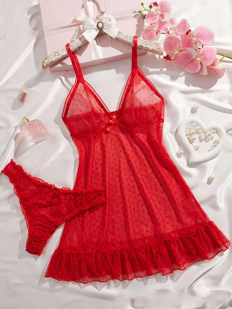 Nuisette babydoll en résille transparente à pois et ourlet volanté années 1950 - 7