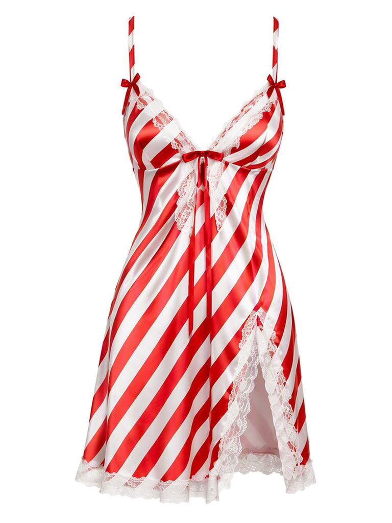 [Prévente] Nuisette de Noël rouge à rayures et empiècements en dentelle années 1960 - 2