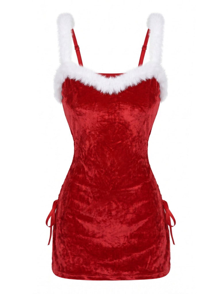 Nuisette rouge en velours à bordure en fausse fourrure et laçage latéral années 1960 - 2