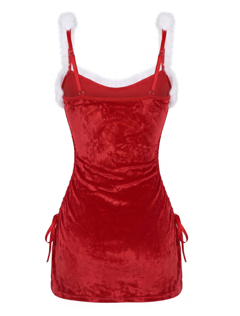 Nuisette rouge en velours à bordure en fausse fourrure et laçage latéral années 1960 - 3
