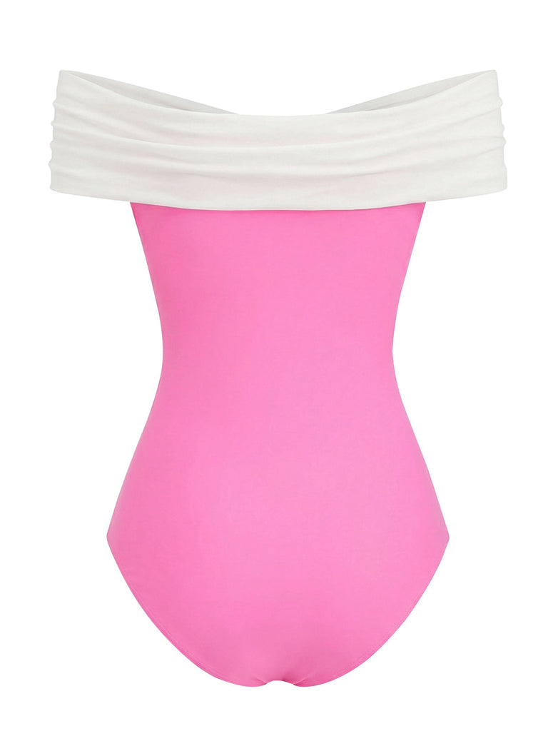pink and white off-the-shoulder one-piece swimsuit with a sweetheart neckline and waist bow