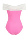 pink and white off-the-shoulder one-piece swimsuit with a sweetheart neckline and waist bow