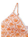 White bikini top with orange floral pattern on a white background