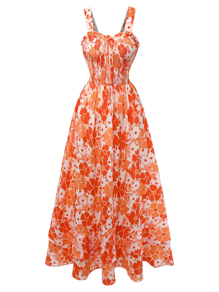 Orange and white floral patterned dress on a white background