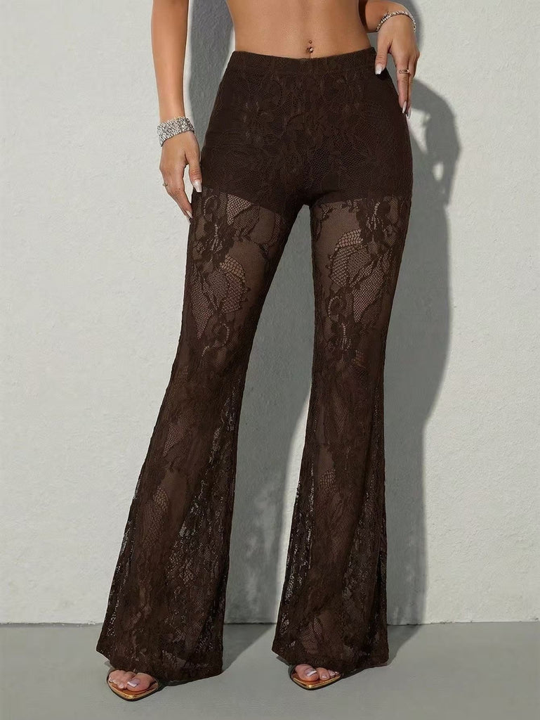 Pantalon long évasé noir en dentelle transparente à taille haute années 1970 - 4