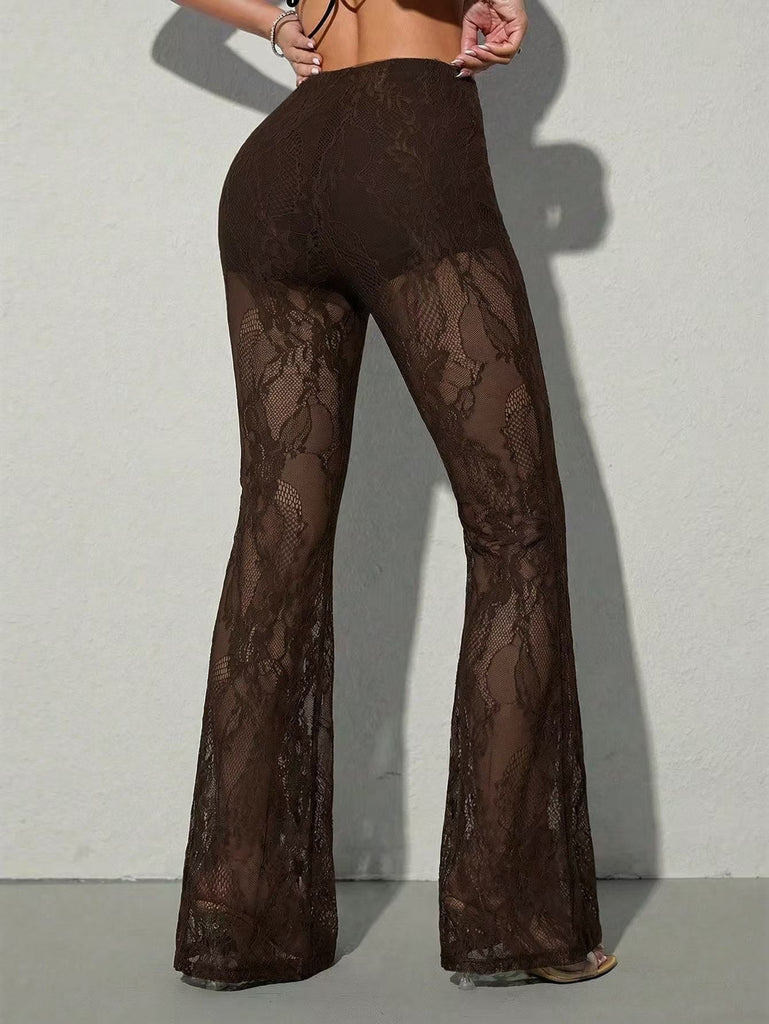 Pantalon long évasé noir en dentelle transparente à taille haute années 1970 - 5