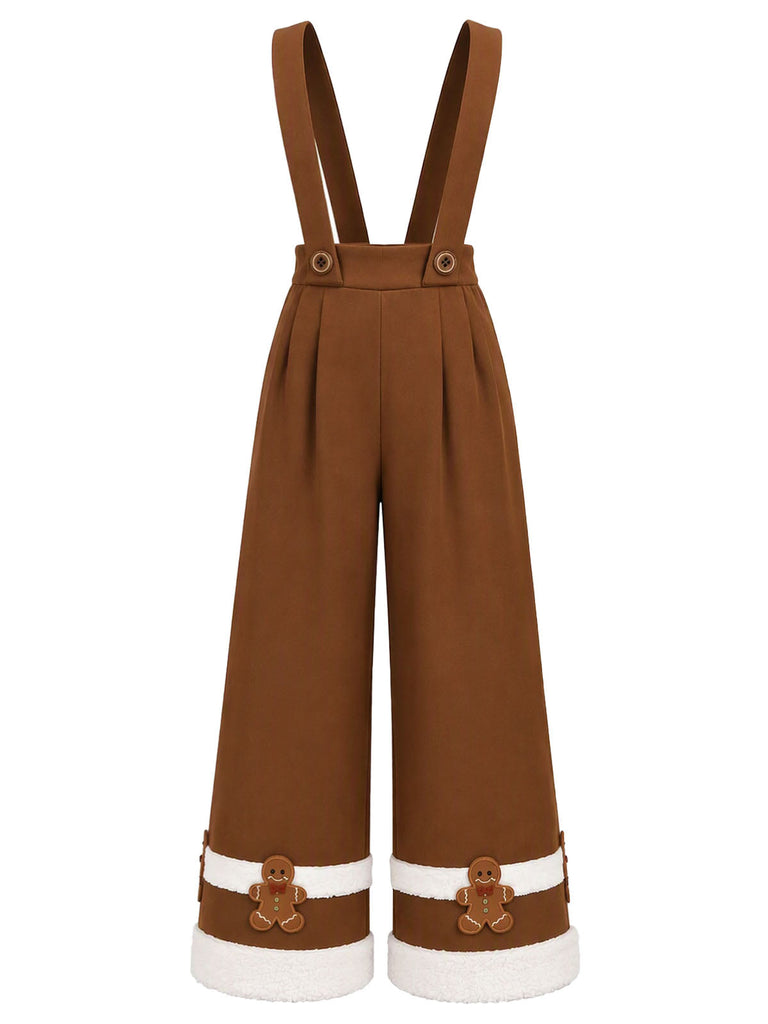 [Prévente] Pantalon marron à bretelles et motifs bonhomme en pain d’épices de Noël Années 1970 - 2