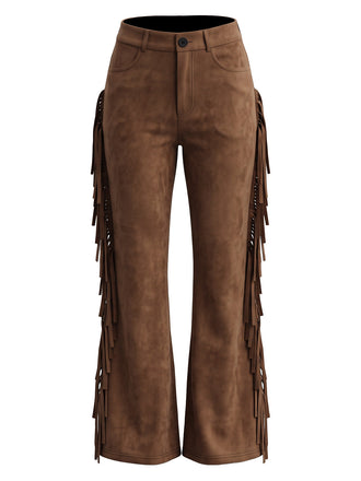 Pantalon marron évasé western en suédine à franges Années 1970 - 1