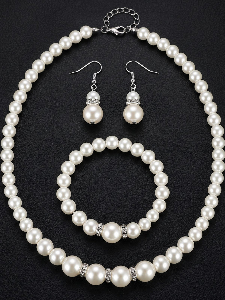 Parure 3 pièces collier, bracelet et boucles d’oreilles pendantes à perles blanches - 3