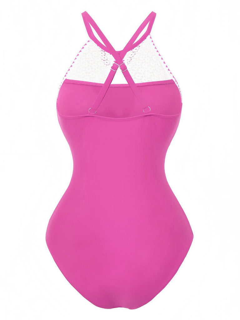 Pink swimsuit with white lace details on a white background