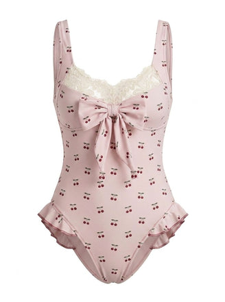 [Prévente] Maillot de bain une pièce rose en dentelle nœud cerise années 1950