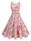 Front studio view of the pink rose floral dress highlighting the fitted bodice and flared swing-style skirt.