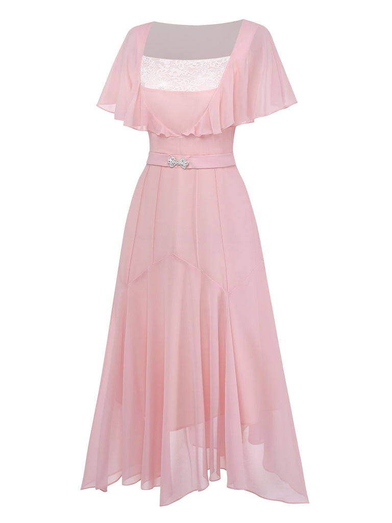 Side view showcasing the lightweight, flowy chiffon fabric and the elegant irregular asymmetrical hemline of the pink dress.