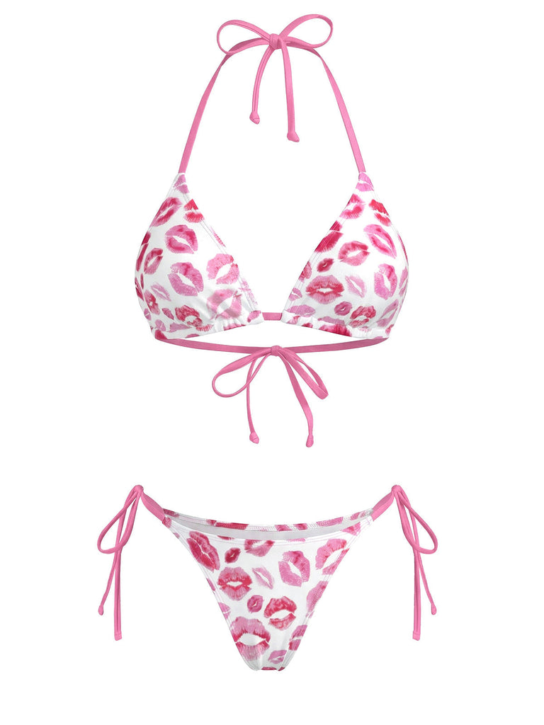 [Prévente] 2PCS Rose Halter Lèvres Imprimé Ensemble Bikini & Cache-Maillot Années 1950 3