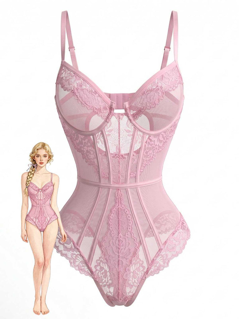 A light pink sleeveless bodysuit featuring floral lace panels, sheer mesh inserts, and structural boning, shown next to a fashion illustration.