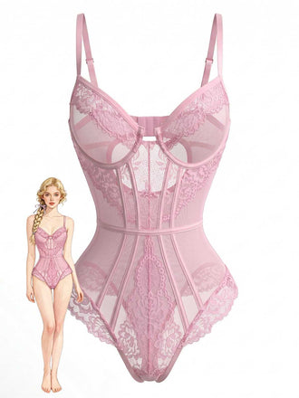 A light pink sleeveless bodysuit featuring floral lace panels, sheer mesh inserts, and structural boning, shown next to a fashion illustration.