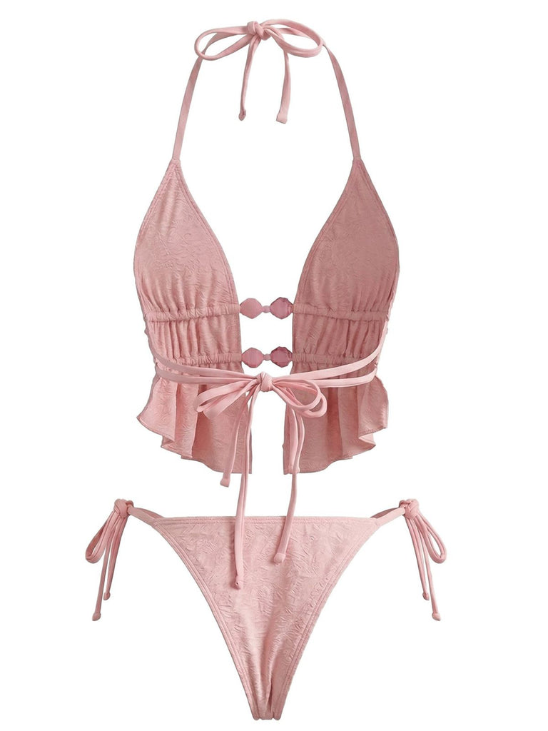 Back view of the bikini set highlighting the ruffled edges of the high-cut bottoms.
