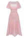 A three-quarter view of the pink chiffon dress highlighting the flutter sleeves and the slim-fit waist with a decorative buckle belt.