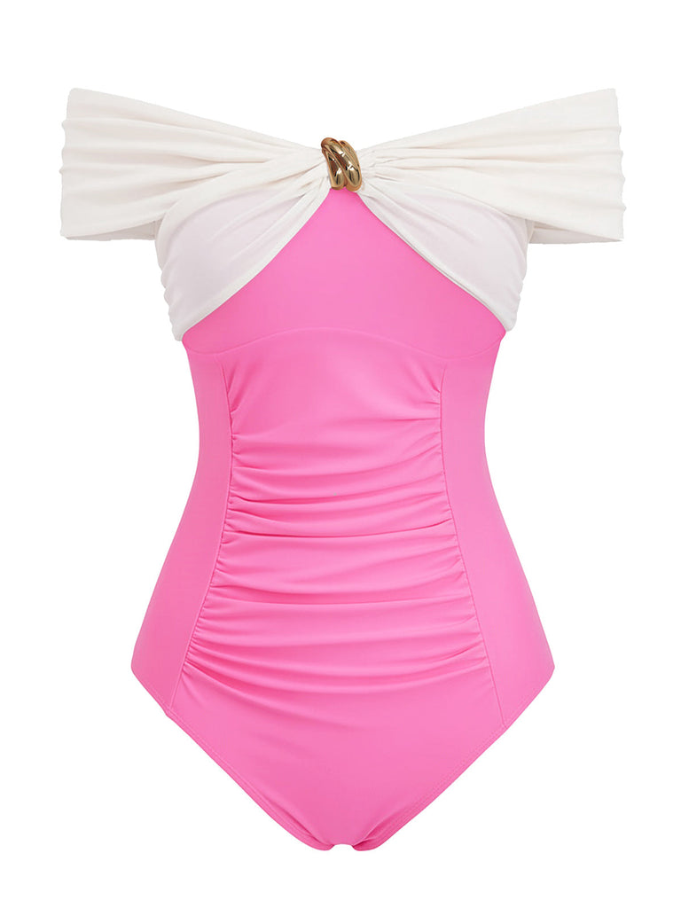 pink and white off-the-shoulder one-piece swimsuit with a sweetheart neckline and waist bow
