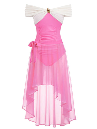 A hot pink and white vintage-style swim dress with off-the-shoulder sleeves, a sweetheart neckline, and a high-low pink mesh skirt featuring a bow detail at the waist.