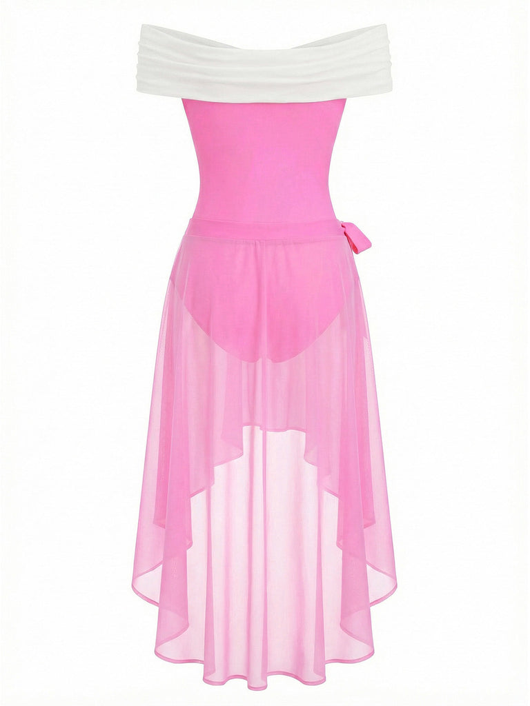 A hot pink and white vintage-style swim dress with off-the-shoulder sleeves, a sweetheart neckline, and a high-low pink mesh skirt featuring a bow detail at the waist.