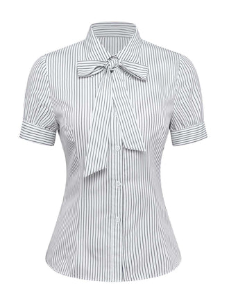 Full front view of the fitted pinstripe blouse highlighting the bow and button-down front.