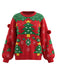 Pull Rouge de Noël à Col Rond, Sapin, Flocons et Pompons Années 1980 - 1