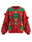Pull Rouge de Noël à Col Rond Sapin Flocons et Pompons Années 1980