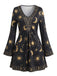 Robe à col V et manches évasées imprimé soleil céleste années 1970 - 1