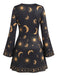 Robe à col V et manches évasées imprimé soleil céleste années 1970 - 2