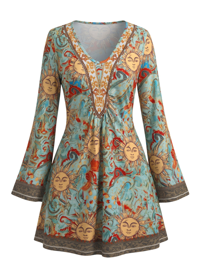 Robe à col V et manches évasées imprimé soleil céleste années 1970 - 4